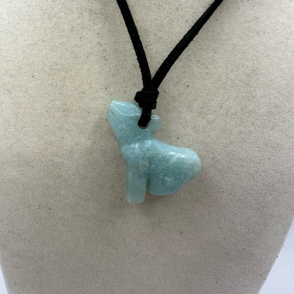 Jewelry - Unique Wolf Shaped Caribbean Calcite Pendant Necklace in Black Faux Suede